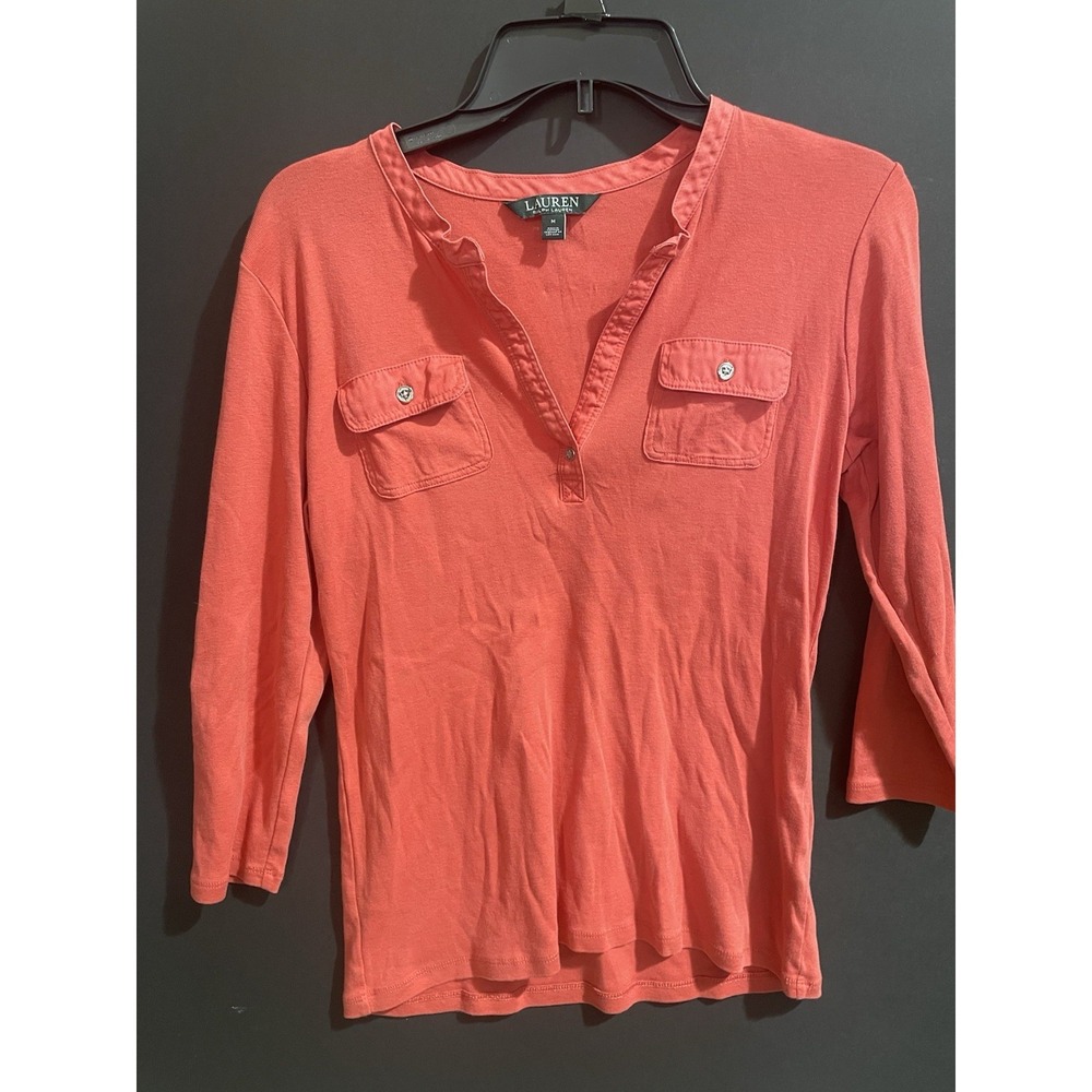 Ralph Lauren Womens Cotton 3/4 Sleeve V Neck Shirt Orange/ tangerine Medium